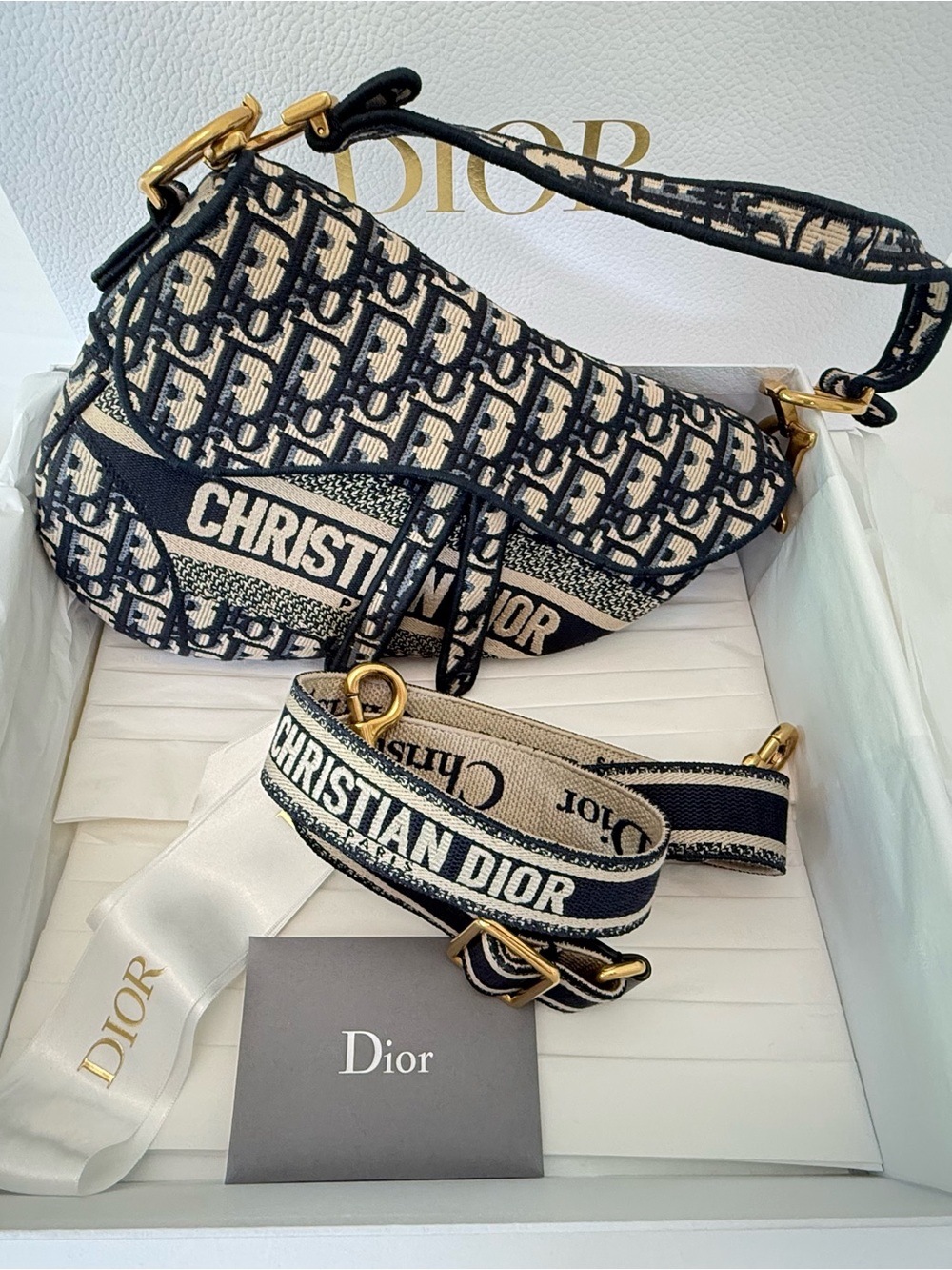 Dior Navy and Beige Saddle Bag with Logo Strap